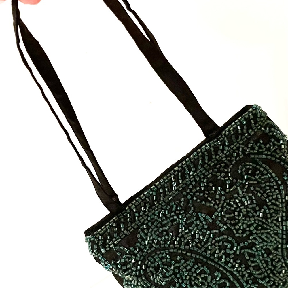 Vintage Teal Green Beaded Evening Bag Black Satin - Picture 8 of 15